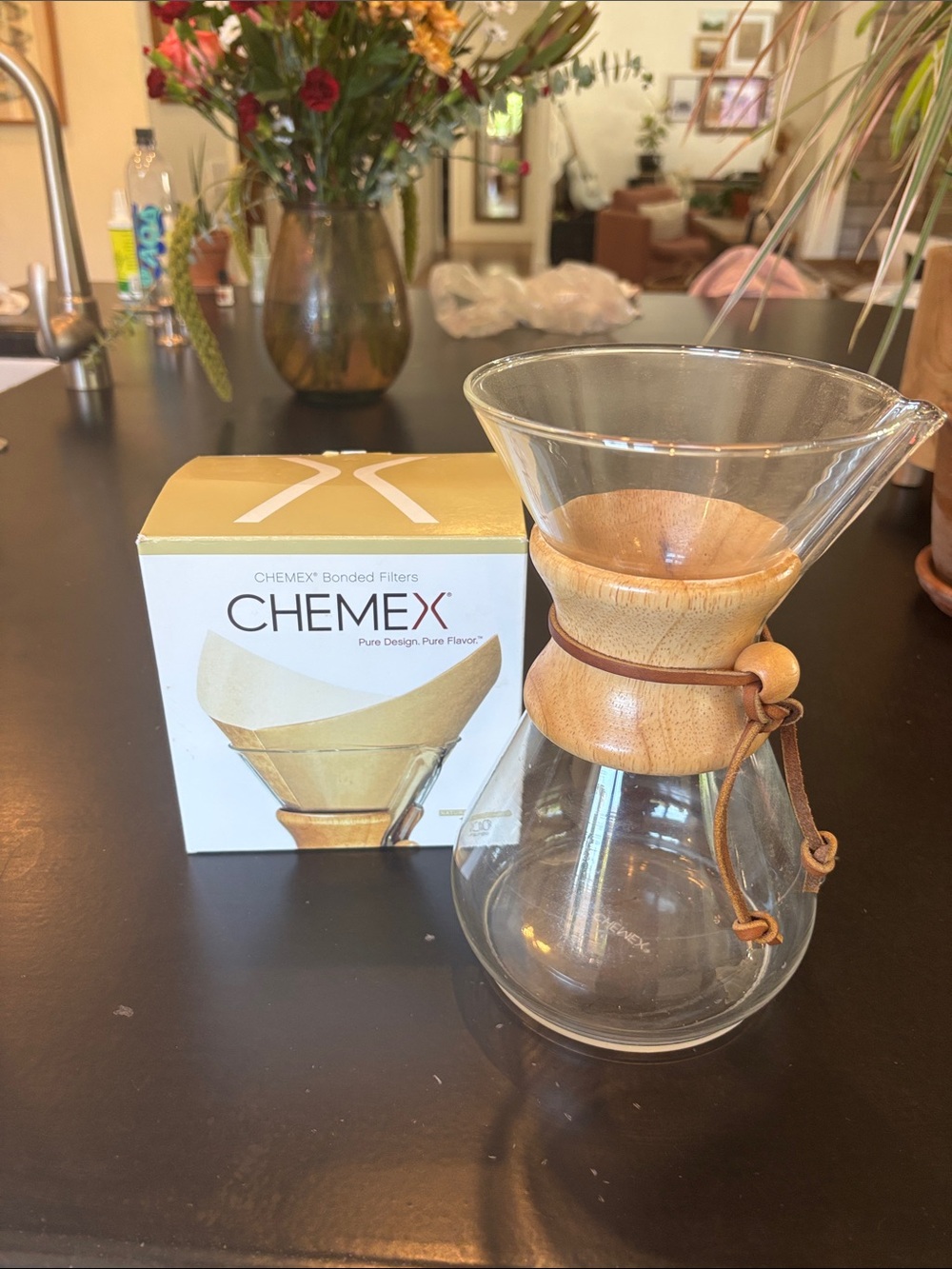 Chemex Glass Pour-Over Coffee Maker with Natural Wood Collar plus filters